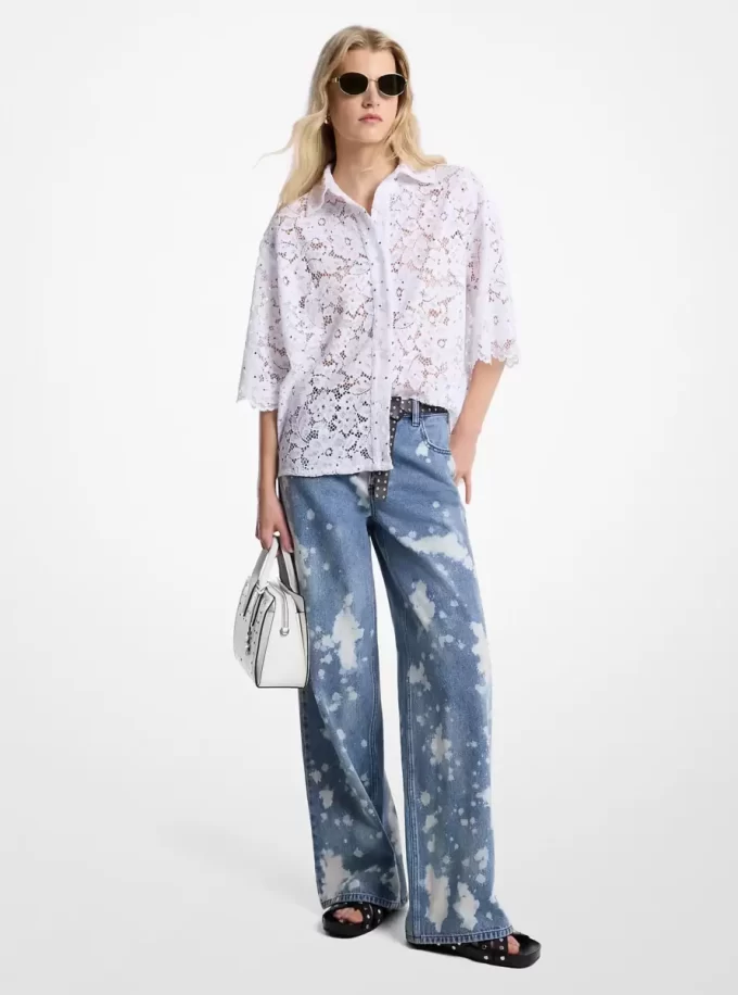 Blugi cu croială largă din denim decolorat, stropit manual Blugi cu croială largă din denim decolorat, stropit manual