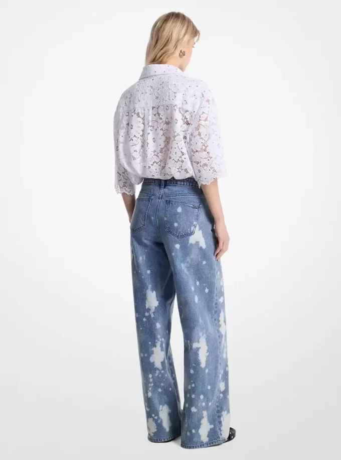 Blugi cu croială largă din denim decolorat, stropit manual Blugi cu croială largă din denim decolorat, stropit manual