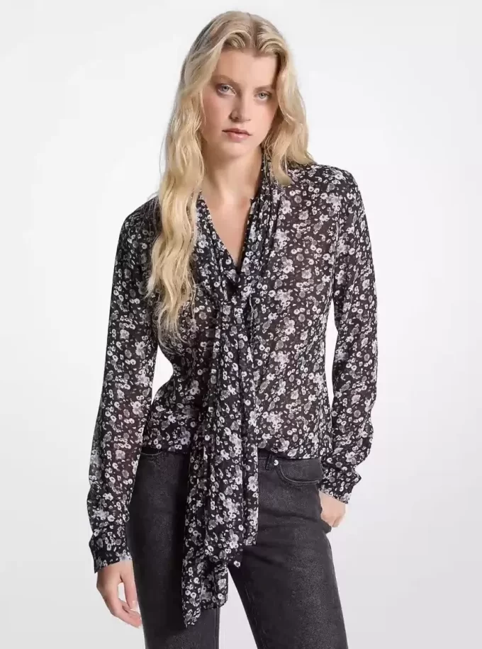 Bluză din Georgette cu imprimeu floral și guler nouat Bluză din Georgette cu imprimeu floral și guler nouat