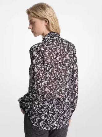 Bluză din Georgette cu imprimeu floral și guler nouat