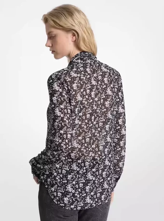 Bluză din Georgette cu imprimeu floral și guler nouat Bluză din Georgette cu imprimeu floral și guler nouat