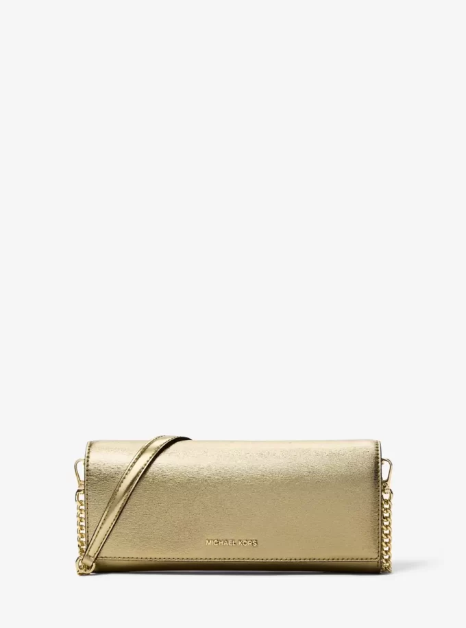 Clutch Jet Set Mediu din piele metalică cu ornament Clutch Jet Set Mediu din piele metalică cu ornament