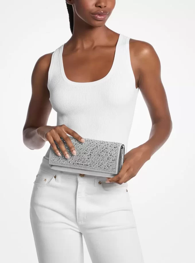 Clutch mediu din piele cu ornament Jet Set Clutch mediu din piele cu ornament Jet Set