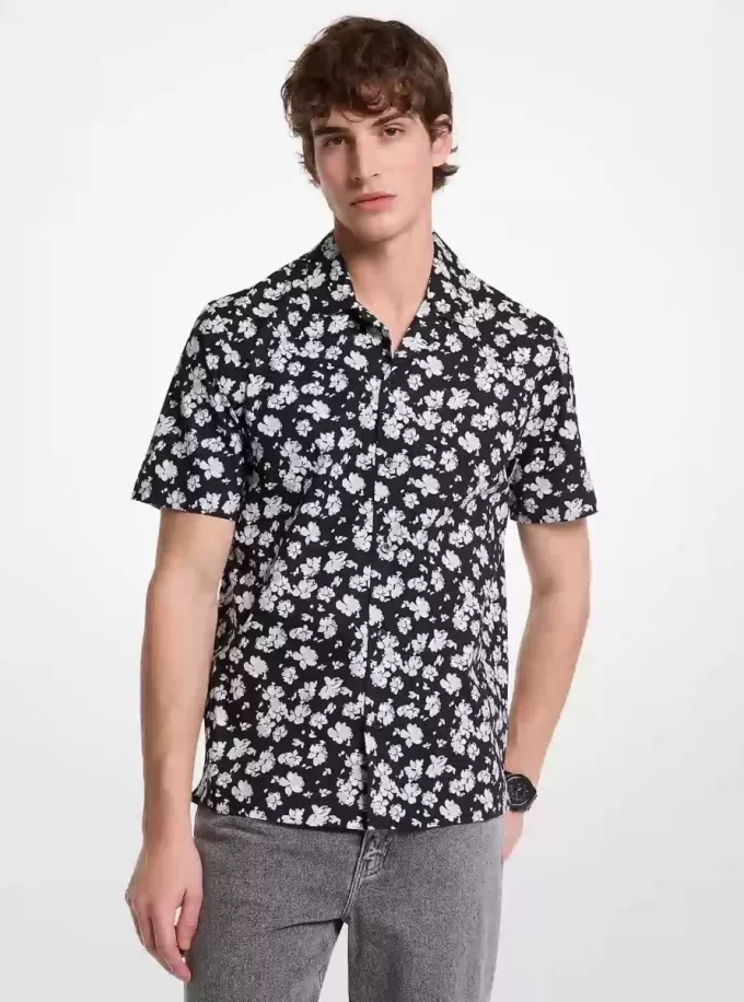 Cămașă de camping din bumbac elastic cu imprimeu floral Cămașă de camping din bumbac elastic cu imprimeu floral