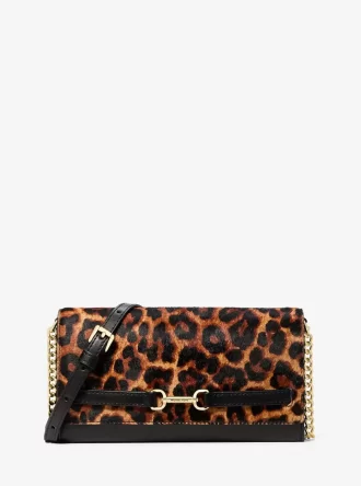 Geantă crossbody Carson mare cu imprimeu leopard și păr de vițel