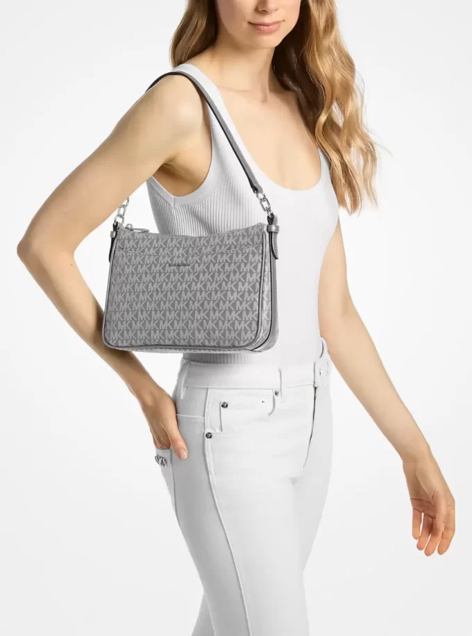 Geantă crossbody Jet Set medie cu logo-ul semnăturii și imprimeu țesut Pochette