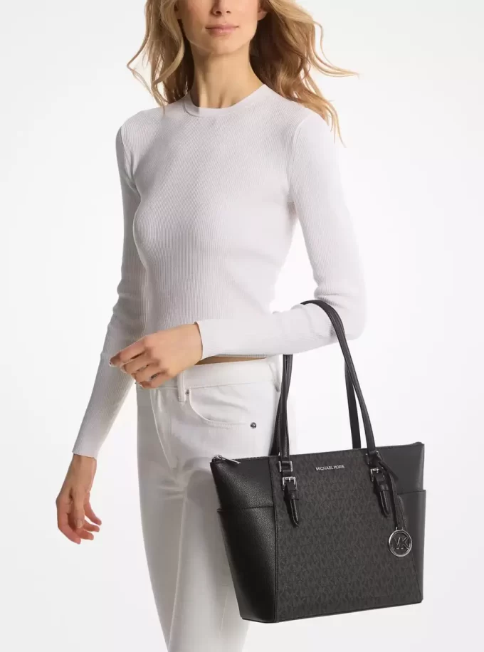 Geantă tote Charlotte mare cu logo și fermoar superior din piele