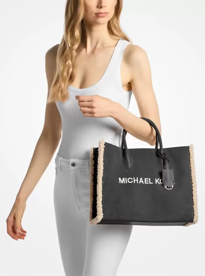 Geantă tote Mirella medie din piele întoarsă și piele sintetică de shearling