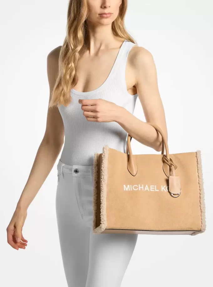 Geantă tote Mirella medie din piele întoarsă și piele sintetică de shearling