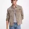 Jachetă tip cămașă din denim spălat cu tiv curbat Jachetă tip cămașă din denim spălat cu tiv curbat