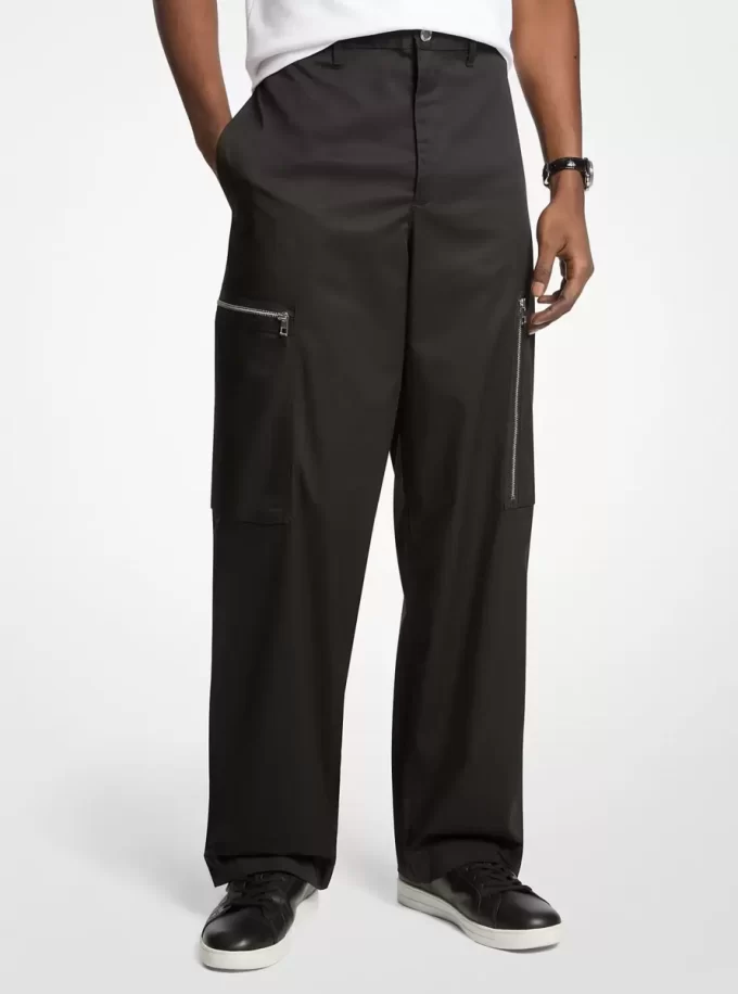 Pantaloni cargo cu fermoar țesut, cu picior larg Pantaloni cargo cu fermoar țesut, cu picior larg