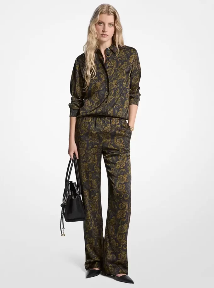 Pantaloni de pijama din satin cu imprimeu paisley Pantaloni de pijama din satin cu imprimeu paisley