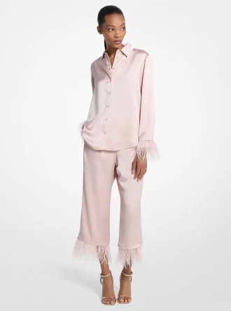 Pantaloni de pijama din satin cu pene