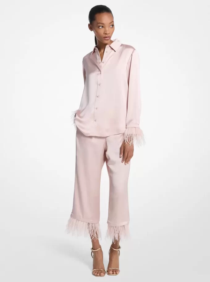 Pantaloni de pijama din satin cu pene