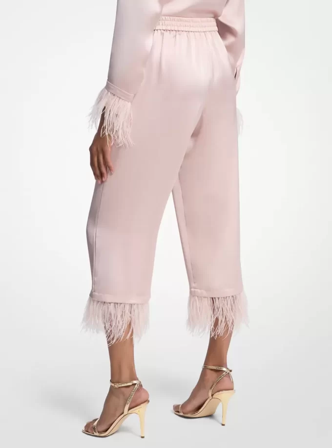 Pantaloni de pijama din satin cu pene