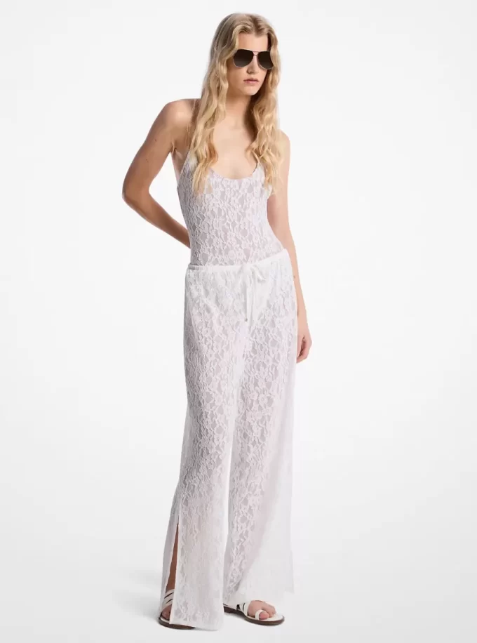 Pantaloni din nailon elastic cu șnur și dantelă florală Pantaloni din nailon elastic cu șnur și dantelă florală