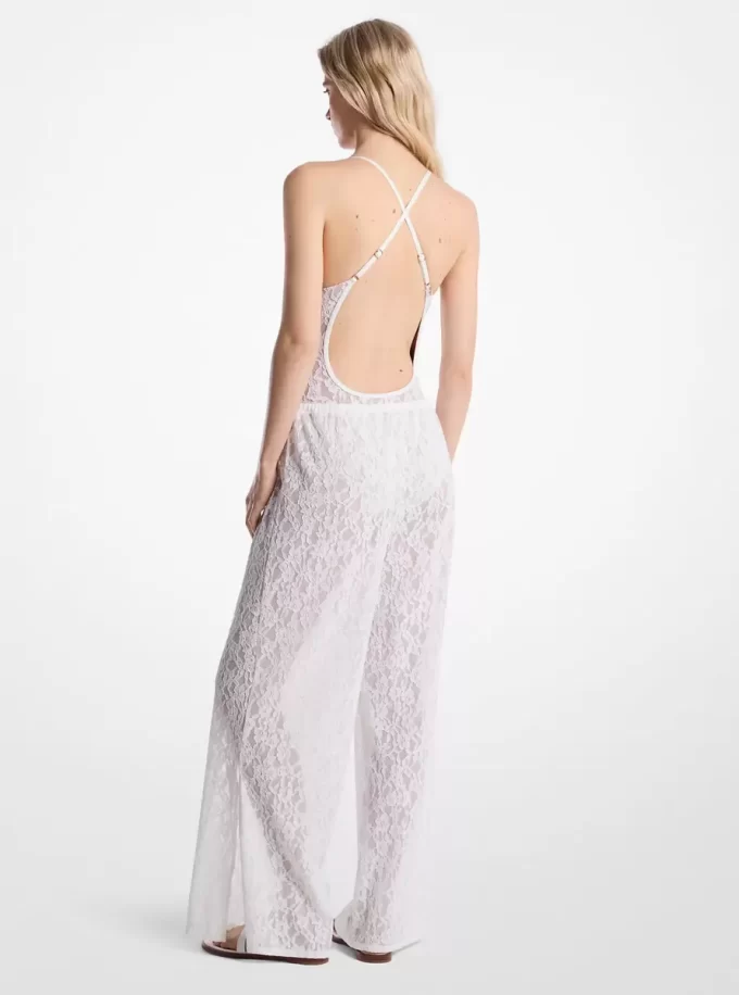 Pantaloni din nailon elastic cu șnur și dantelă florală Pantaloni din nailon elastic cu șnur și dantelă florală