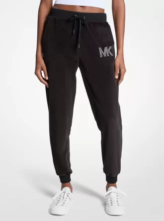 Pantaloni jogging din velur cu logo decorat