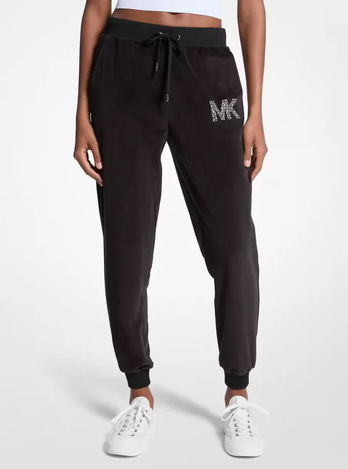 Pantaloni jogging din velur cu logo decorat