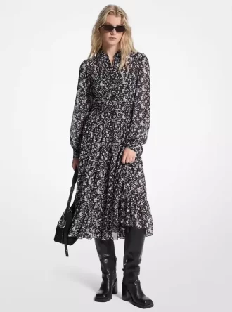 Rochie-cămașă Georgette cu imprimeu floral și smocked