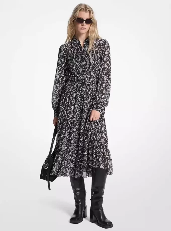 Rochie-cămașă Georgette cu imprimeu floral și smocked Rochie-cămașă Georgette cu imprimeu floral și smocked