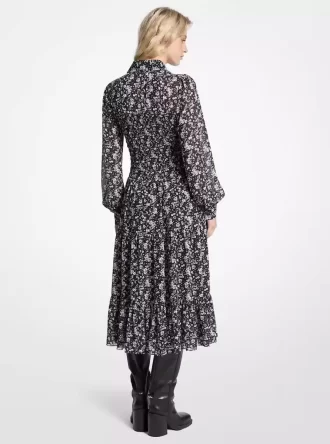 Rochie-cămașă Georgette cu imprimeu floral și smocked