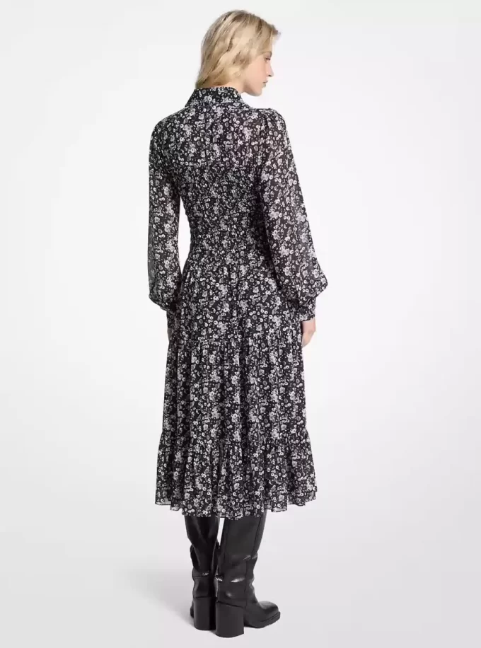 Rochie-cămașă Georgette cu imprimeu floral și smocked Rochie-cămașă Georgette cu imprimeu floral și smocked