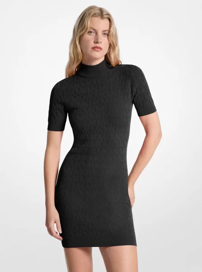 Rochie cu guler fals din tricot jacquard cu logo Rochie cu guler fals din tricot jacquard cu logo