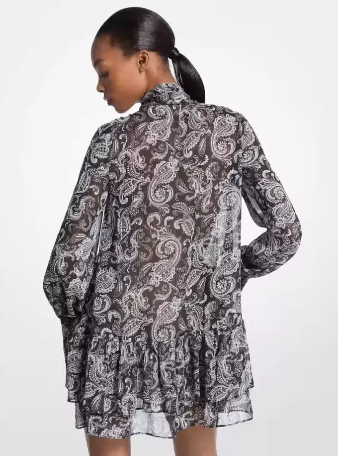 Rochie cu guler nou și imprimeu georgetă Paisley metalic Rochie cu guler nou și imprimeu georgetă Paisley metalic