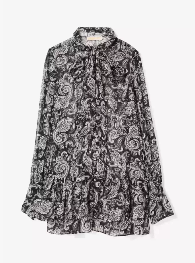 Rochie cu guler nou și imprimeu georgetă Paisley metalic Rochie cu guler nou și imprimeu georgetă Paisley metalic
