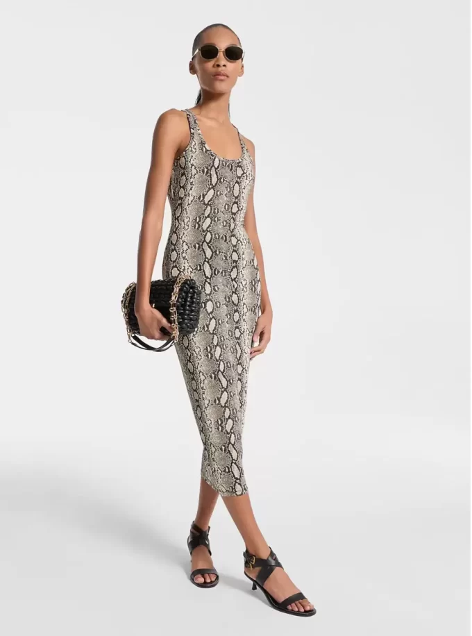 Rochie cu imprimeu șarpe din jerseu elastic cu spate scurt Rochie cu imprimeu șarpe din jerseu elastic cu spate scurt