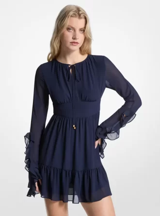 Rochie cu mânecă lungă din georgette cu volane