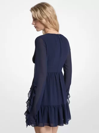 Rochie cu mânecă lungă din georgette cu volane