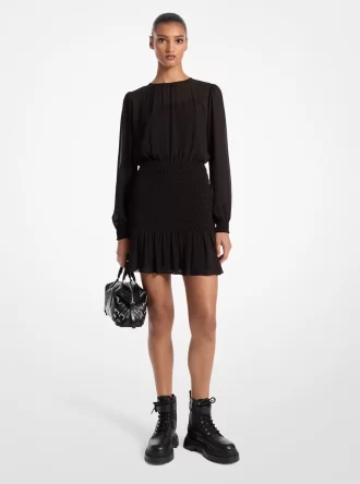 Rochie cu mânecă lungă din georgette smocked