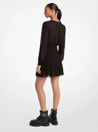 Rochie cu mânecă lungă din georgette smocked