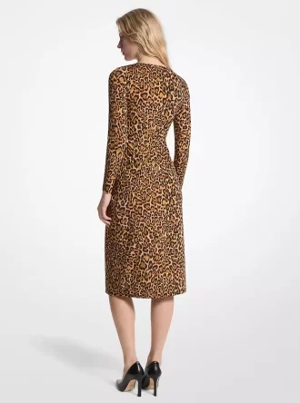 Rochie din jerseu mat cu imprimeu leopard și pliuri