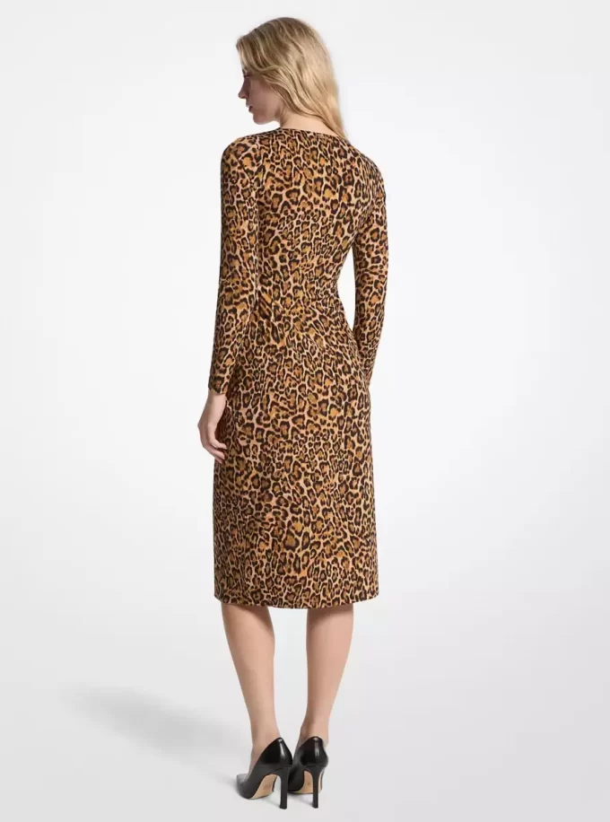 Rochie din jerseu mat cu imprimeu leopard și pliuri