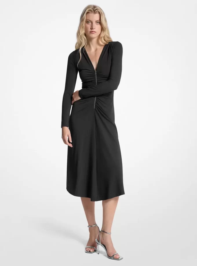 Rochie din jerseu mat elastic, cu pliuri