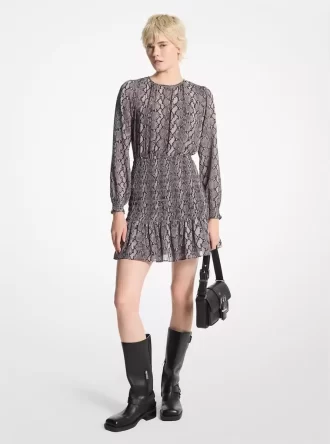 Rochie Georgette cu imprimeu de șarpe și smocked