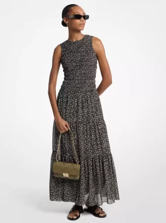 Rochie maxi din georgette cu imprimeu floral și smocked
