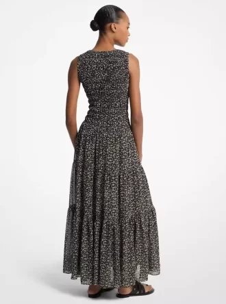 Rochie maxi din georgette cu imprimeu floral și smocked