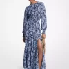 Rochie maxi din georgette cu imprimeu paisley și smocked