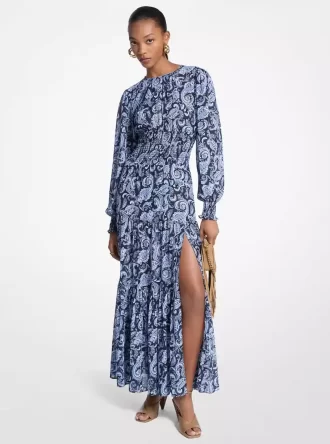 Rochie maxi din georgette cu imprimeu paisley și smocked