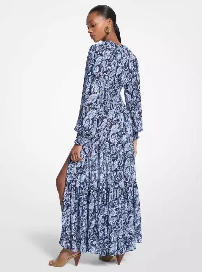 Rochie maxi din georgette cu imprimeu paisley și smocked