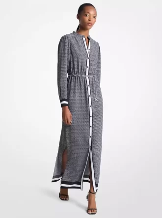 Rochie maxi din satin cu curea și imprimeu cu logo