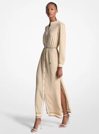 Rochie maxi din satin cu curea și imprimeu cu logo