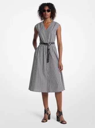 Rochie midi cu curea din poplin de bumbac cu dungi