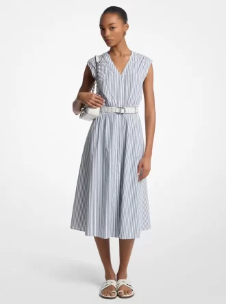 Rochie midi cu curea din poplin de bumbac cu dungi