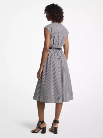 Rochie midi cu curea din poplin de bumbac cu dungi