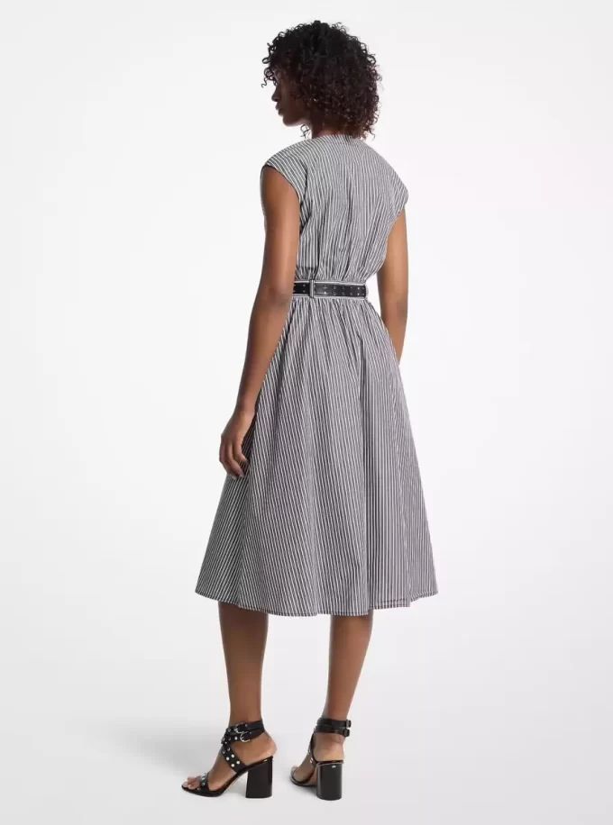 Rochie midi cu curea din poplin de bumbac cu dungi Rochie midi cu curea din poplin de bumbac cu dungi